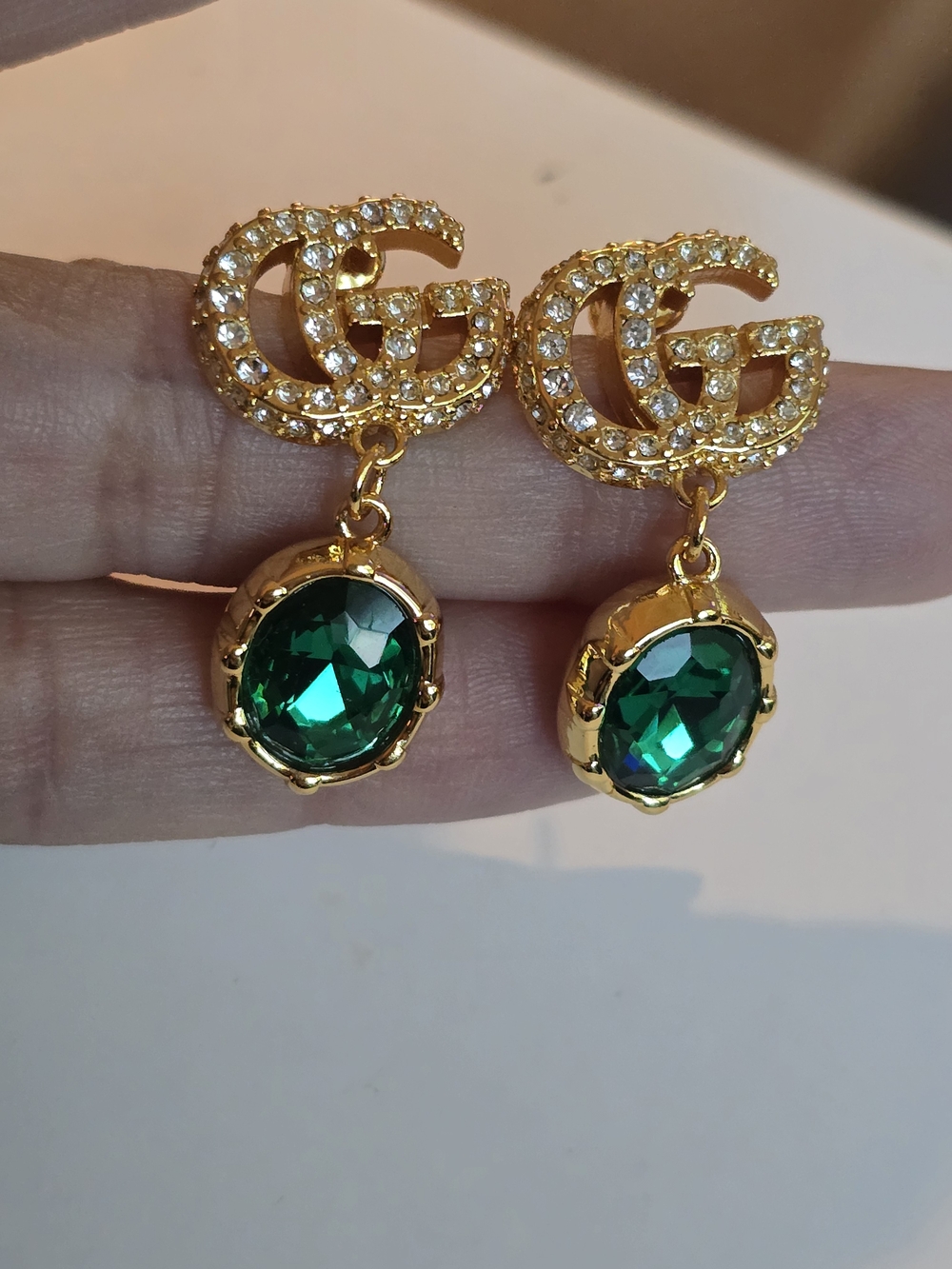 Gucci 18kgpGold-Tone Earrings with Emerald Green Gem Drops - Picture 2 of 8